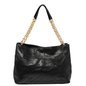 Pre Owned Tory Burch Black Quilted Leather Alexa Tote