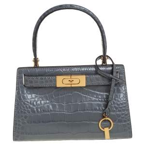 Pre Owned Tory Burch Grey Croc Embossed Leather Petite Lee Radziwill Top Handle Bag