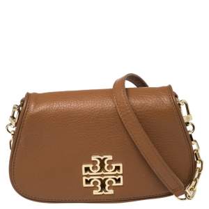 Pre Owned Tory Burch Brown Leather Mini Britten Flap Crossbody Bag