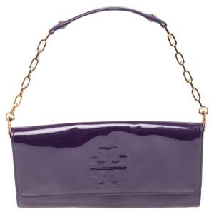 Tory Burch Purple Patent Leather Logo Embossed Flap Chain Clutch