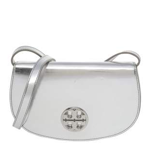 Tory Burch Metallic Silver Patent Leather Reva Chain Shoulder Bag