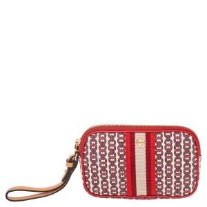 Pre Owned Tory Burch Beige/Red Coated Canvas And Leather Wristlet