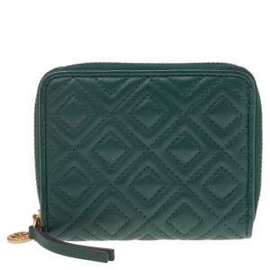 Pre Owned Tory Burch Green Leather Fleming Zip Around Wallet