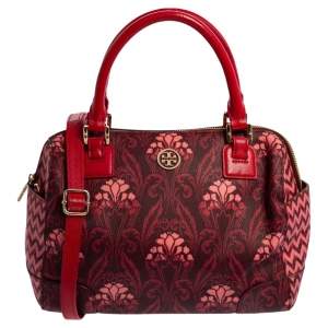 Tory Burch Red Floral Print Coated Canvas and Leather Robinson Middy Satchel