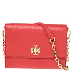 Pre Owned Tory Burch Coral Red Pebbled Leather Kira Crossbody Bag