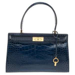 Pre Owned Tory Burch Blue Crocodile Embossed Leather Lee Radziwill Top Handle Bag