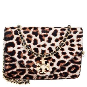 Pre Owned Tory Burch Brown/Black Pony Hair/Leather Kira Envelope Flap Chain Bag