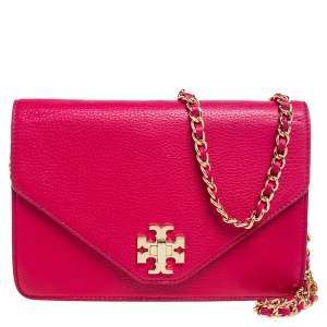 Pre Owned Tory Burch Hot Pink Leather Kira Envelope Chain Shoulder Bag