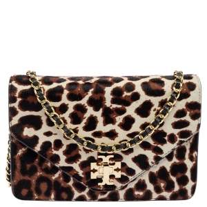 Pre Owned Tory Burch Black Leopard Print Calf Hair and Leather Kira Envelope Chain Shoulder Bag