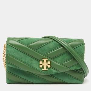 Pre Owned Tory Burch Green Chevron Suede and Leather Kira Shoulder Bag