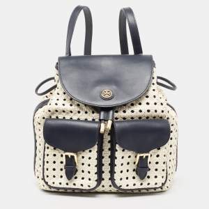 Tory Burch Navy Blue/White Woven and Saffiano Leather Piper Backpack