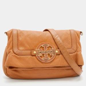 Pre Owned Tory Burch Tan Leather Logo Amanda Foldover Crossbody Bag