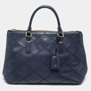 Pre Owned Tory Burch Navy Blue Wild Stitch Quilted Leather Robinson Double Zip Tote