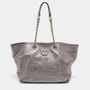 Pre Owned Tory Burch Metallic Grey Leather Marion Tote