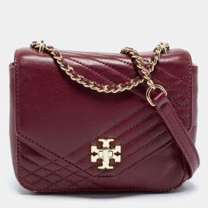 Pre Owned Tory Burch Burgundy Quilted Leather Crossbody Bag