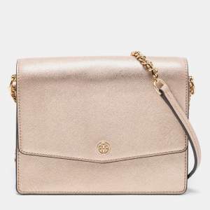 Pre Owned Tory Burch Metallic Rose Gold Leather Robinson Convertible Shoulder Bag