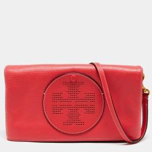 Pre Owned Tory Burch Red Leather Perforated Logo Fold Over Crossbody Bag