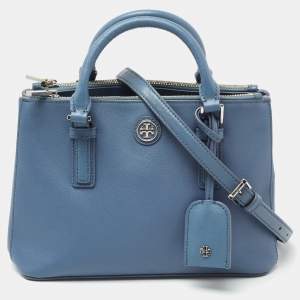 Pre Owned Tory Burch Blue Leather Mini Robinson Double Zip Tote