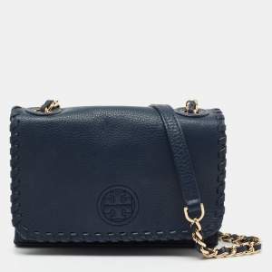 Pre Owned Tory Burch Blue Leather Marion Crossbody Bag