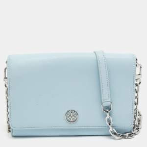 Tory Burch Light Blue Leather Robinson Wallet On Chain