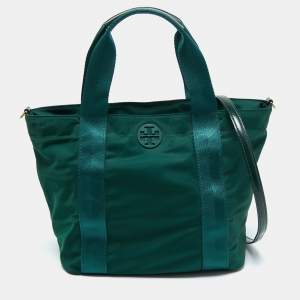 Pre Owned Tory Burch Green Nylon and Patent Leather Quinn Tote