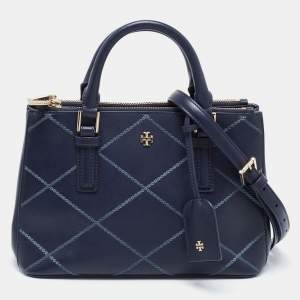 Pre Owned Tory Burch Navy Blue Quilt Stitched Leather Robinson Tote