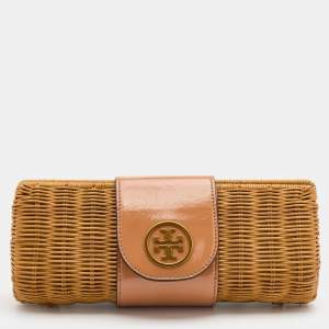 Tory Burch Tan/Beige Woven Rattan and Patent Leather Clutch