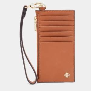 Pre Owned Tory Burch Brown Saffiano Leather Miller Top Zip Card Case