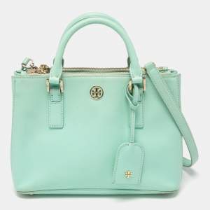Pre Owned Tory Burch Light Green Leather Robinson Double Zip Tote