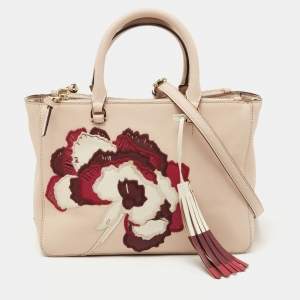 Tory Burch Light Pink Floral Embroidered Leather Robinson Double Zip Tote 