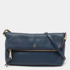 Pre Owned Tory Burch Blue Leather Foldover Crossbody Bag