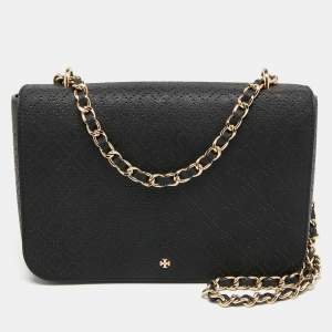Pre Owned Tory Burch Black Perforated Leather Bryant Flap Shoulder Bag