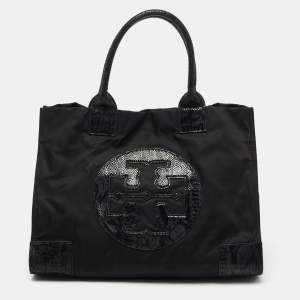 Pre Owned Tory Burch Black Nylon and Python Embossed Suede Ella Tote