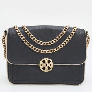 Pre Owned Tory Burch Black/White Leather Chelsea Flap Chain Shoulder Bag