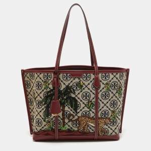 Tory Burch Burgundy Embroidered T Monogram Canvas and Leather Large Perry Tote