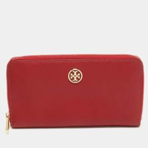 Tory Burch Red Saffiano Leather Robinson Zip Around Wallet