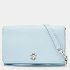 Pre Owned Tory Burch Light Blue Saffiano Leather Robinson Wallet On Chain