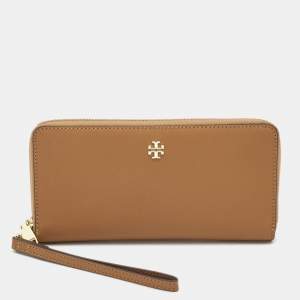 Pre Owned Tory Burch Tan Saffiano Leather Emerson Wristlet Wallet
