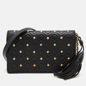 Pre Owned Tory Burch Black Quilted Leather Flap Chain Shoulder Bag