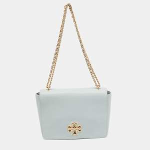 Pre Owned Tory Burch Sky Blue Leather Large Britten Flap Shoulder Bag