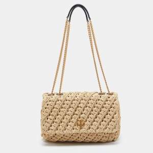 Pre Owned Tory Burch Beige Raffia Crochet Small Kira Shoulder Convertible Bag