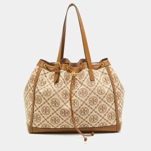 Pre Owned Tory Burch Beige T Monogram Jacquard Canvas and Leather Tote