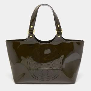 Pre Owned Tory Burch Dark Olive Green Patent Leather Perforated Tote