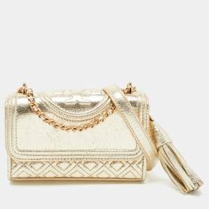 Tory Burch Gold Leather Mini Fleming Shoulder Bag