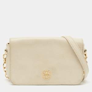 Pre Owned Tory Burch Off White Leather Robinson Flap Crossbody Bag