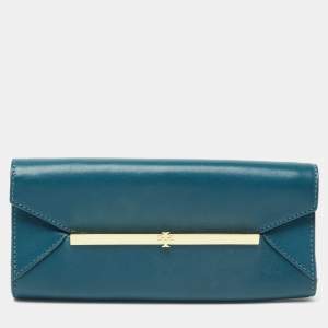 Pre Owned Tory Burch Teal Leather Envelope Flap Clutch