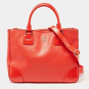 Pre Owned Tory Burch Orange Leather Robinson Double Zip Tote 