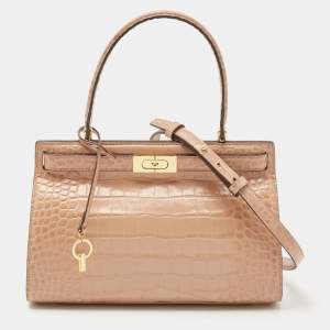 Tory Burch Beige Croc Embossed Leather Small Lee Radziwill Top Handle Bag