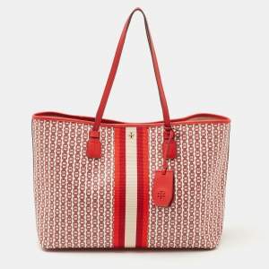 Pre Owned Tory Burch Red Coated Canvas Gemini Link Tote