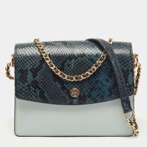 Pre Owned Tory Burch Blue/Green Snake Embossed and Leather Parker Chain Shoulder Bag 